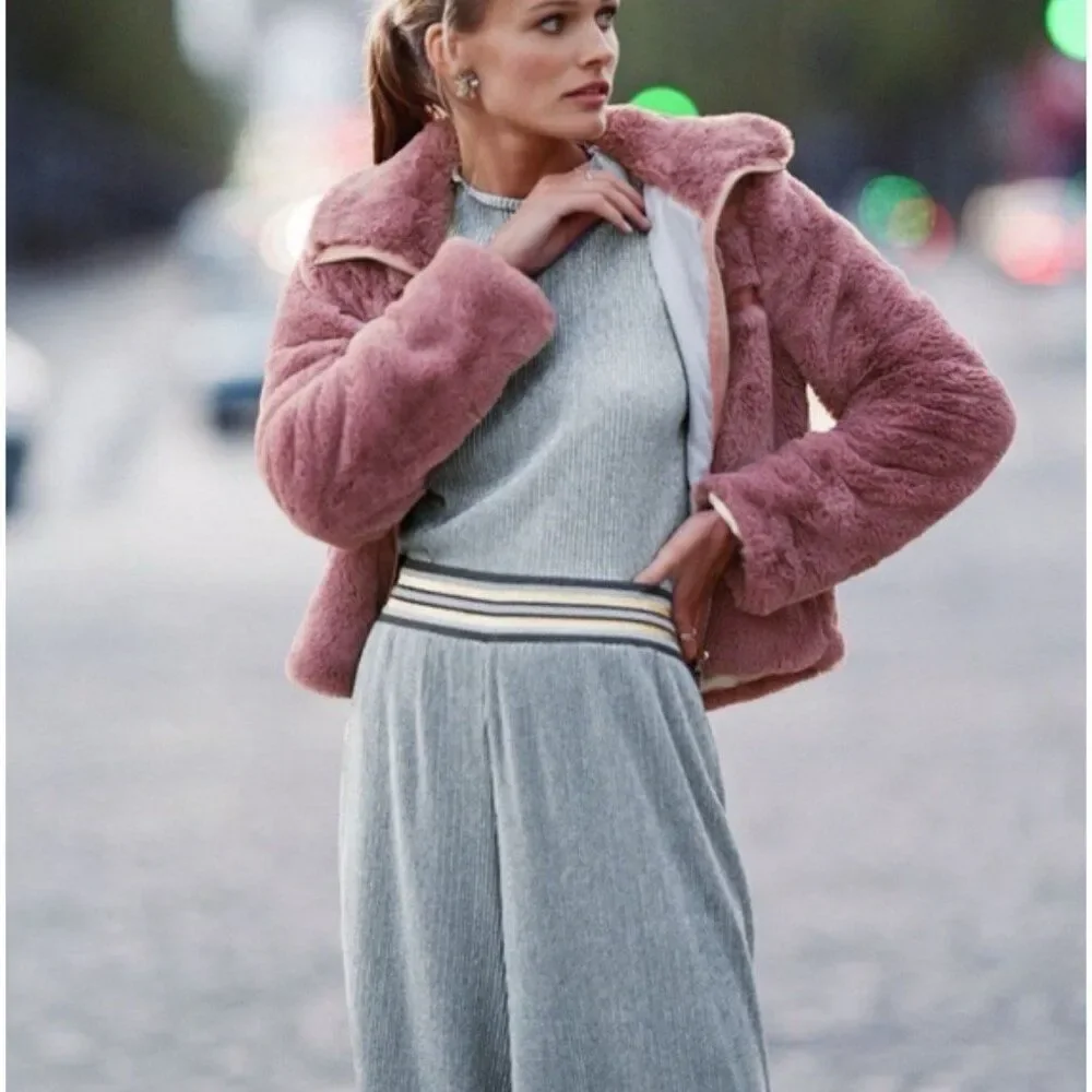 Anthropologie Faux Fur Lace Chevron Bomber dusty mauve Pink Long Sleeve Jacket S - Picture 5 of 9